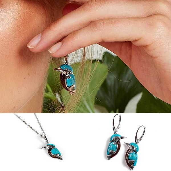 

chains fashionable simple color zircon pendant necklace earrings turquoise nature style vintage western bird, Silver