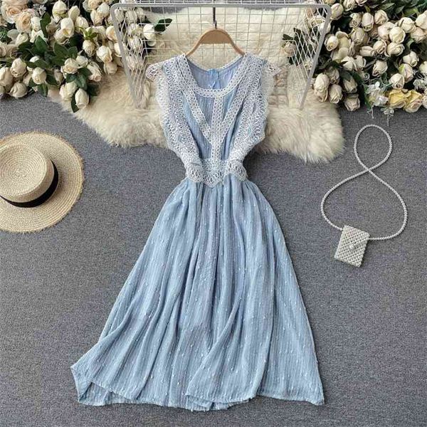 

sweet women's summer fashion round neck hollow out lace splicing sleeveless elegant a-line dress clothes vestidos s271 210527, Black;gray