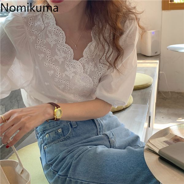 Nomikuma Fiore Gancio Cut Out Camicetta di pizzo Donna Scollo a V Manica corta Camicie eleganti Donna Temperamento coreano Top Blusas Mujer 210514