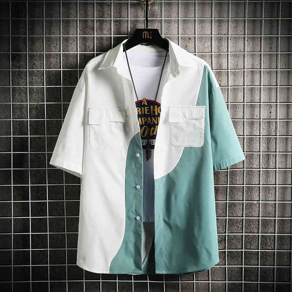 

men's casual shirts golden patchwork print turn down collar short sleeve single-breasted dress jgsi, White;black