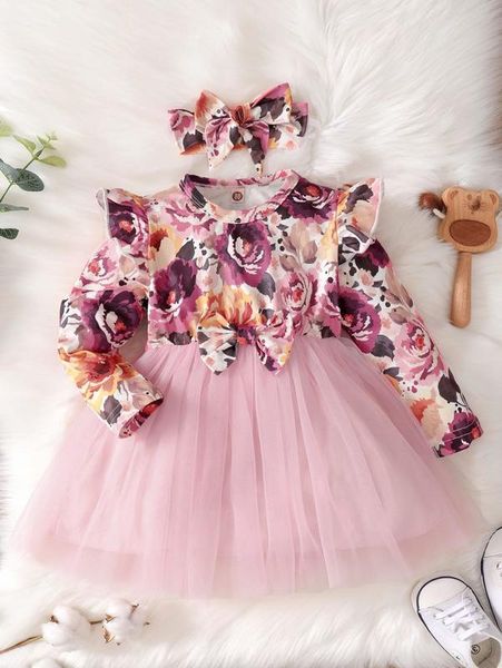 

baby floral print bow front mesh hem dress with headband she, Red;yellow