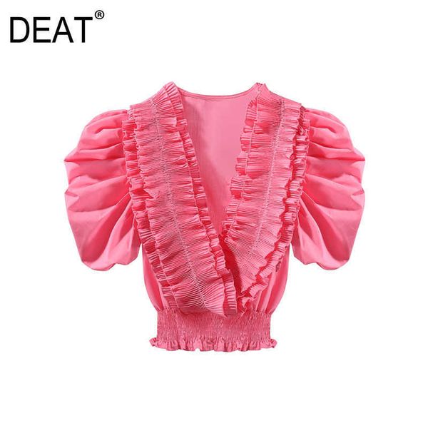 

[deat] summer fashion solid color v-neck puff sleeve ruffles temperament elegant women chiffon shirt 13c716 210527, White