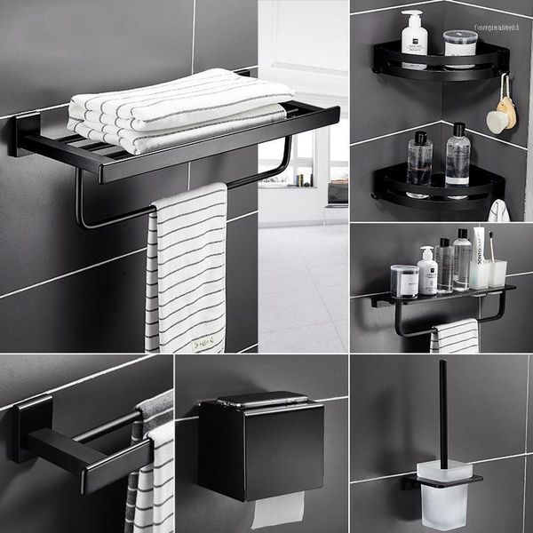 

black aluminum alloy bathroom accessories set toilet paper holder towel shelf brush rack soap dish storage shower caddy hook11