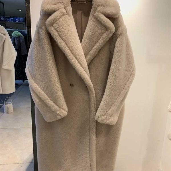 Cappotto lungo in vera pelliccia Giacca invernale da donna Tessuto 100% lana Tessuto spesso caldo Capispalla allentato Oversize Streetwear Teddy Cosy 211129