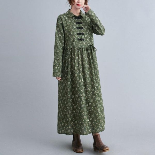 

women vintage print long dresses 2021 autumn winter arts style turn-down collar loose female cotton linen casual dress s2530, Black;gray