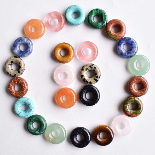 Pedra Natural Quartz Cristal Tigre Olho Opala Turquesa Círculo 15mm Donut Charms Pingente Para Jóias DIY Fazendo Colar