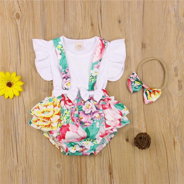 

clothing sets 3 pcs born summer outfits baby girl ribbed sleeve round neck t-shirt + flower print suspender pants bowknot headband, White