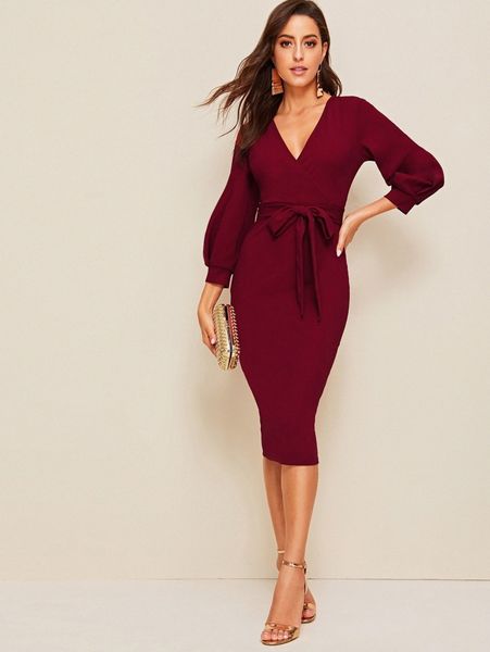 

self belted split hem surplice wrap dress i3os#, Black;gray