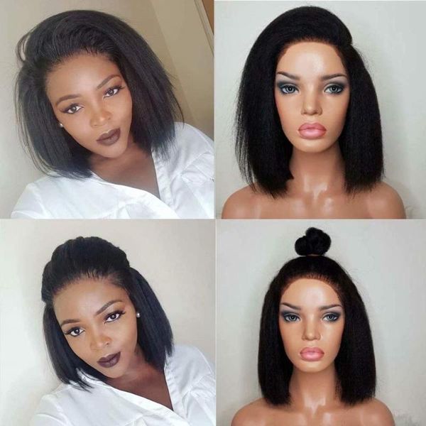 

lace wigs fenjun kinky straight wig13x4 front human hair for women yaki wig glueless frontal, Black;brown