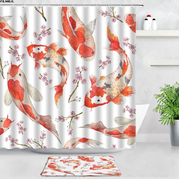 

shower curtains red koi fish bath mats sets pink flowers chinese style home decor flannel bathroom door pad carpet non-slip rugs