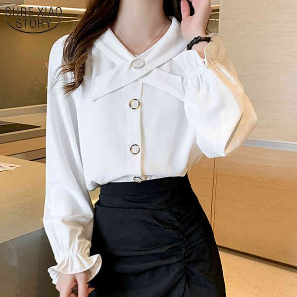 Camicia da donna Autunno Flare Camicetta di chiffon bianca a maniche lunghe Plus Size Blusas Office Lady Cardigan con bottoni scollo a V 10574 210508
