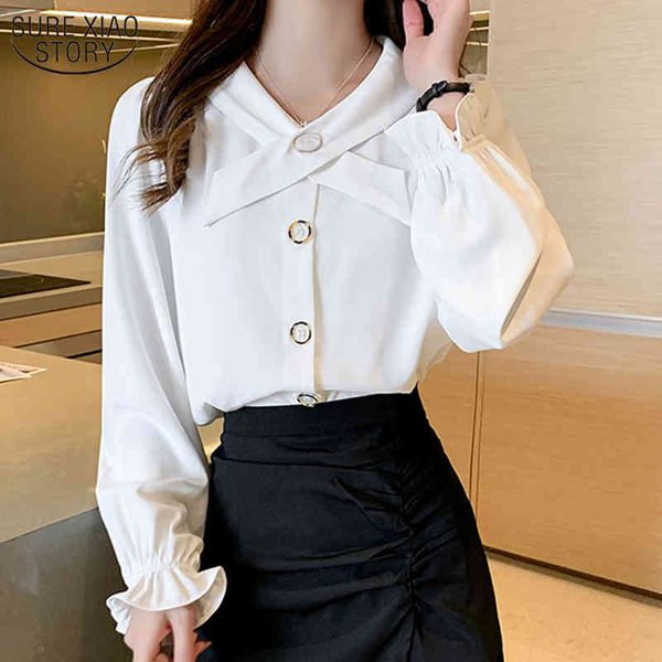

women shirt autumn flare long sleeve white chiffon blouse plus size blusas office lady v neck button cardigan 10574 210508