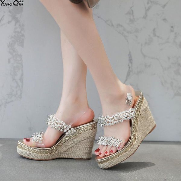 

summer beaded wild wedge sandals peep toe super high heel women's shoes, Black