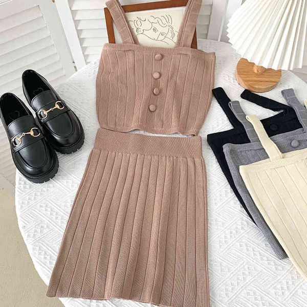 

summer fashion single-breasted camisole + high waist half-length bag hip skirt two-piece female 210507, White