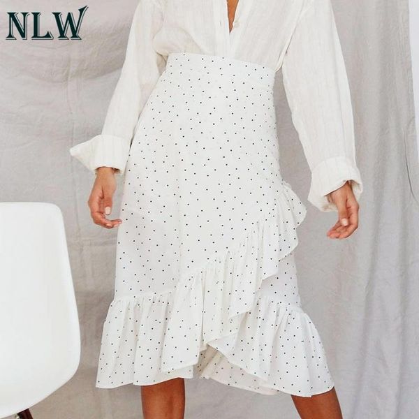 

skirts nlw white ruffle polka dot skirt women casual high waist asymmetrical zipper midi elegant office ladies long, Black