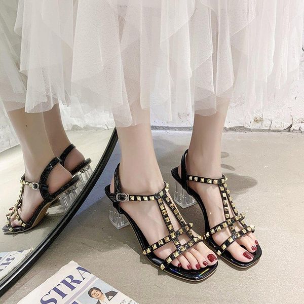 

sandals women summer fashion women's 2021 rivet round head comfortable open toe high heel shoes, Black