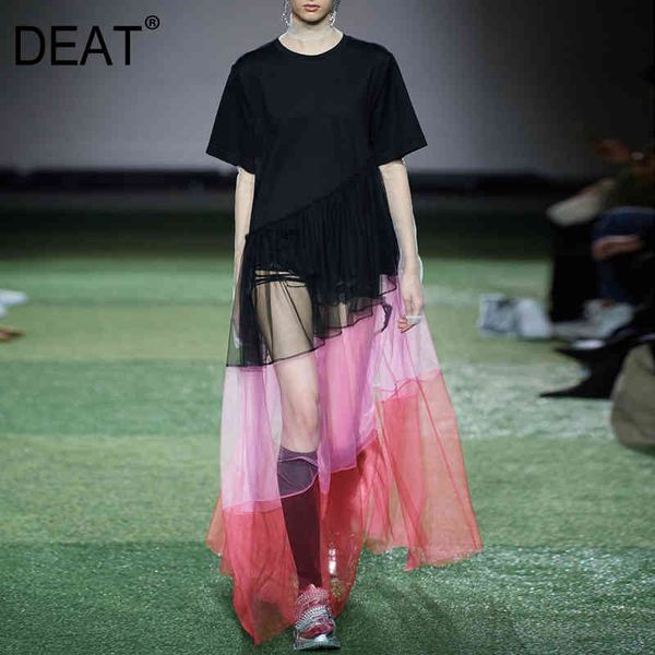 

[deat] summer new fashion tide round neck high waist ankle-length short sleeve splicing net yarn elegant dress women 13q060 210430, Black;gray