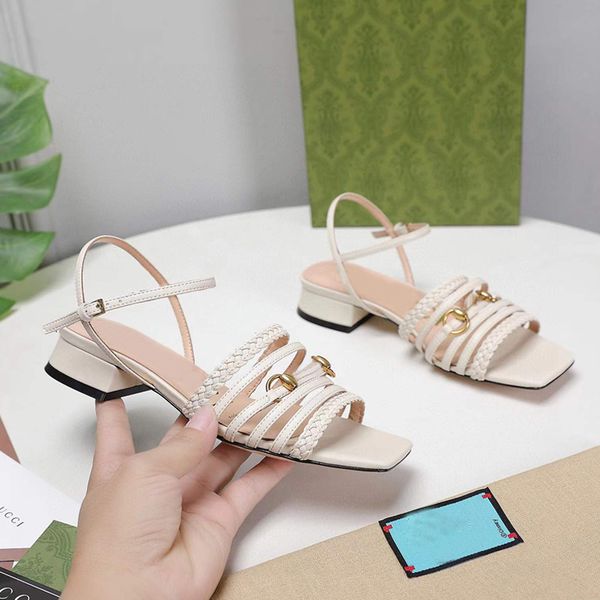 

summer latest fashion woven sandals 2.5cm 7.5c square head leather lace up combination metal buckle decoration short high heel women's, Black