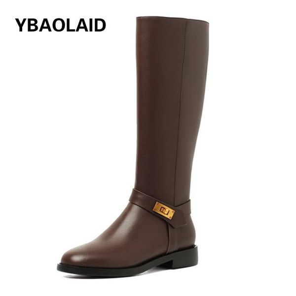 

boots handsome cow leather knight female round toe thick heel metal belt buckle high tube knee-length, Black