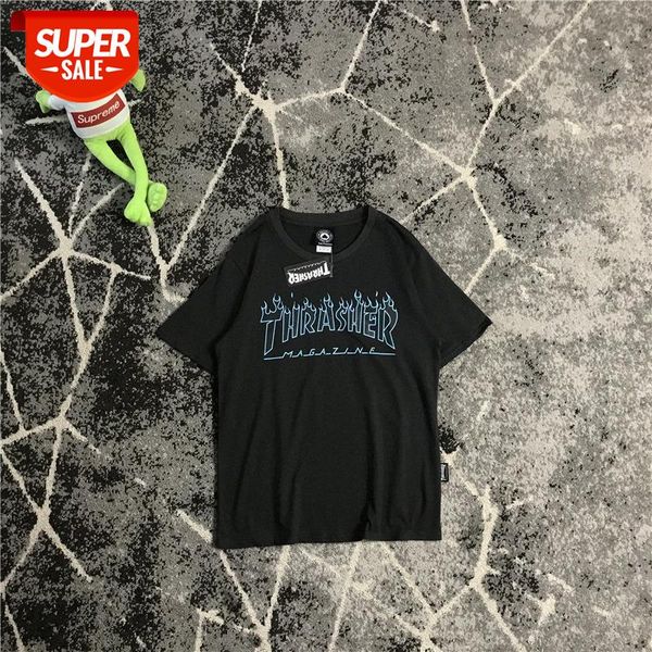 

hip-hop skateboard printing flame short-sleeved t-shirt round neck men and women loose couples bottoming shirt style tee #eg7r, White;black