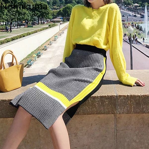 

nomikuma elegant outfits two piece set women o neck long sleeve sweater contrast color high waist skirt suits ropa mujer 3c857 210514, White