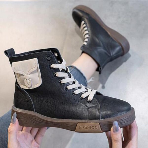 

boots 2021 women genuine leather female ankle winter spring fashion casual ladies flat shoes botas de mujer zy653, Black