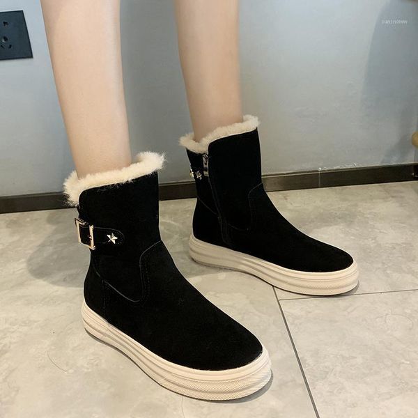 

boots plush warm winter ankle women shoes woman vintage ladies flat zip metal buckle platform female botas mujer, Black