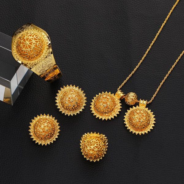 

earrings & necklace ethiopian trendy pendants ring bangle gold color metal plating african traditional jewelry sets, Silver