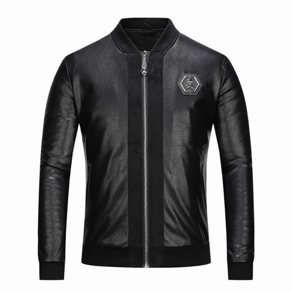 

men's fur & faux occident fashion casual skull embroidery black pu leather coat baseball collar slim motorcycle jacket
