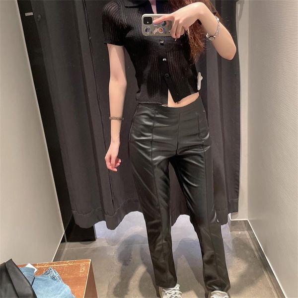 

women's pants & capris zxqj women 2021 fashion hem slit faux leather skinny pencil vintage high waist zipper female ankle trousers muje, Black;white