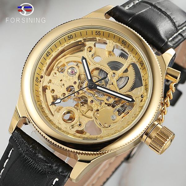 

forsining retro men's mechanical wristwatches screw crown cap design golden skeleton clock black genuine leather horloge mannen, Slivery;brown