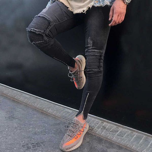 

men's jeans black locomotive hole tight ny trend fashion solid color pant panelled regular pencil trousers 8osc oewt, Blue