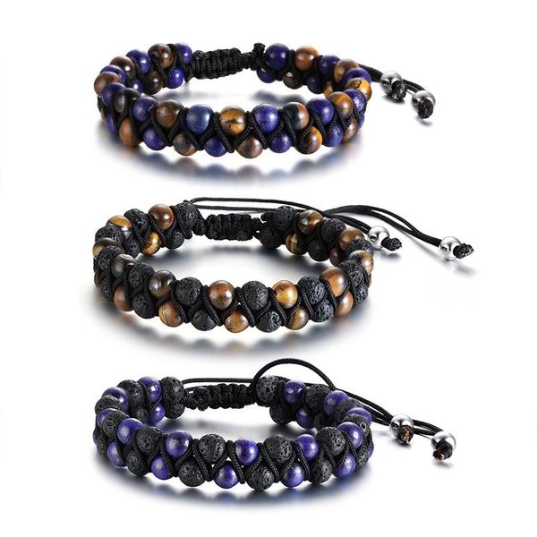 

link, chain 17-35cm adjustable length tiger eye and lapis lazuli beads bracelet for men macrame brazalet two row brazalete gift, Black