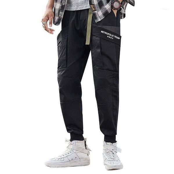 

american street style fashion men's pants multi pockets cargo hip hop trousers men spliced black camouflage jogger1