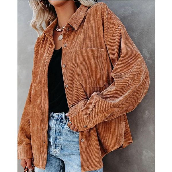 

women's jackets 2021 autumn and winter jacket oversized corduroy loose casual shirt solid color, Black;brown
