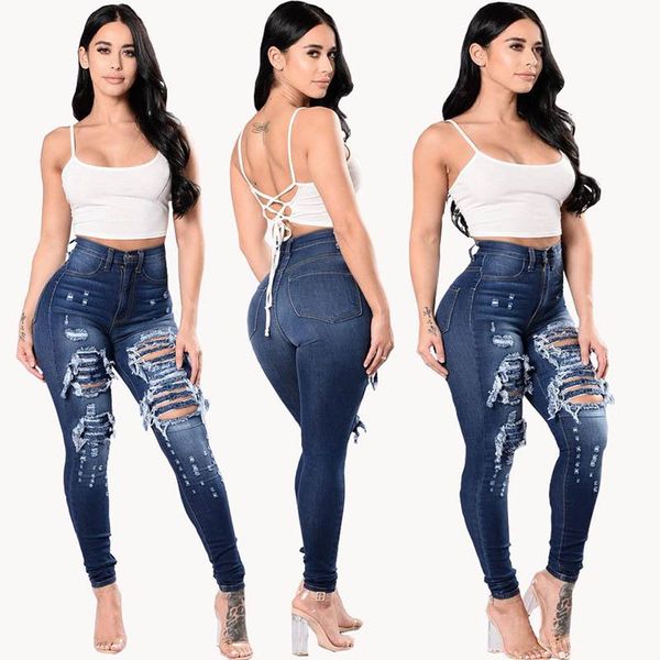 

woman 2021 push up jeans plus size skinny high waisted broken hole women women's, Blue