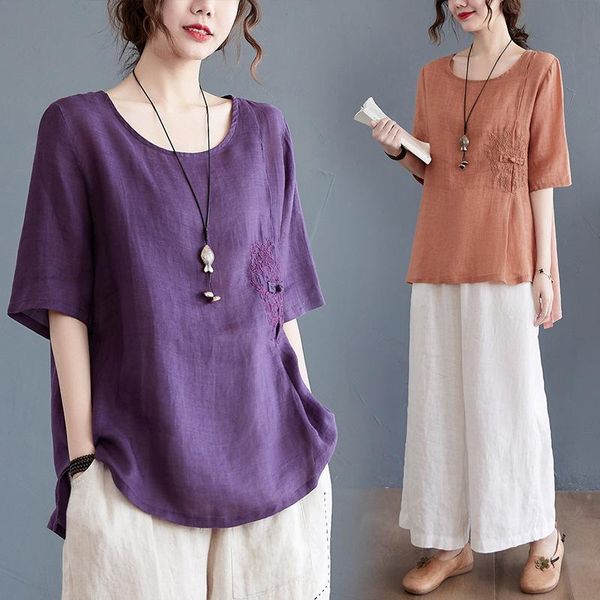 

women chinese traditional style cotton linen loose blouses female vintage buckle embroidery hanfu shirts tang suits ethnic clothing, Red