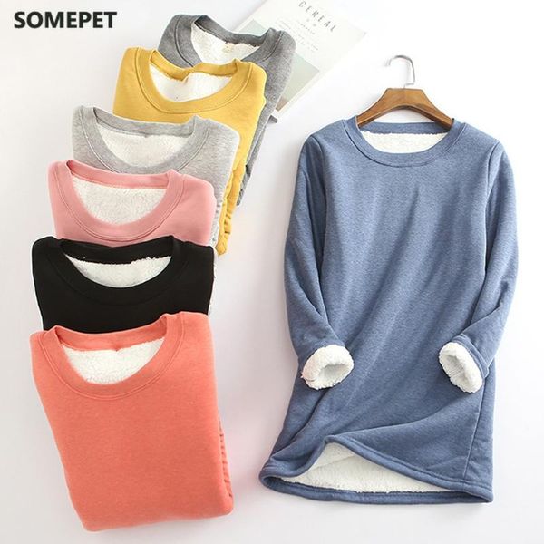 

winter women thick fleece sweatshirt velvet warm solid o-neck underwear blouse women's hoodies & sweatshirts, Black