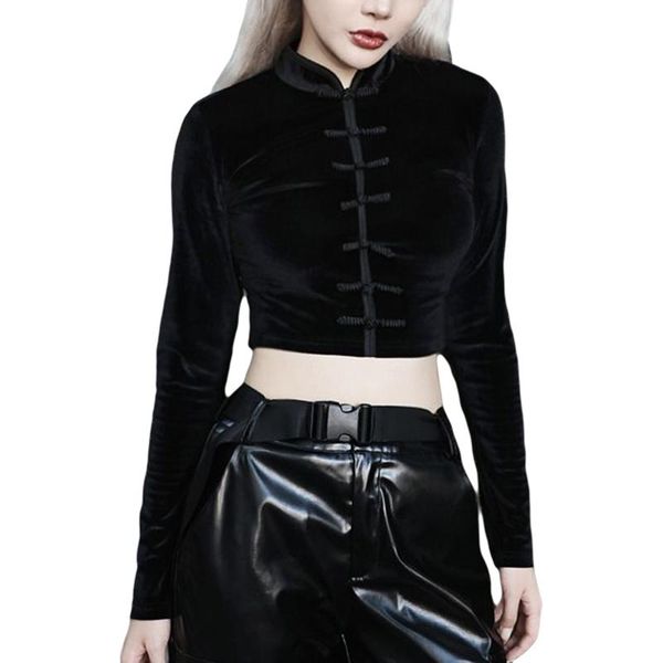 

women's t-shirt women chinese style shirt vintage black velvet short crop long sleeve slim fit club party street punk t-shirts, White