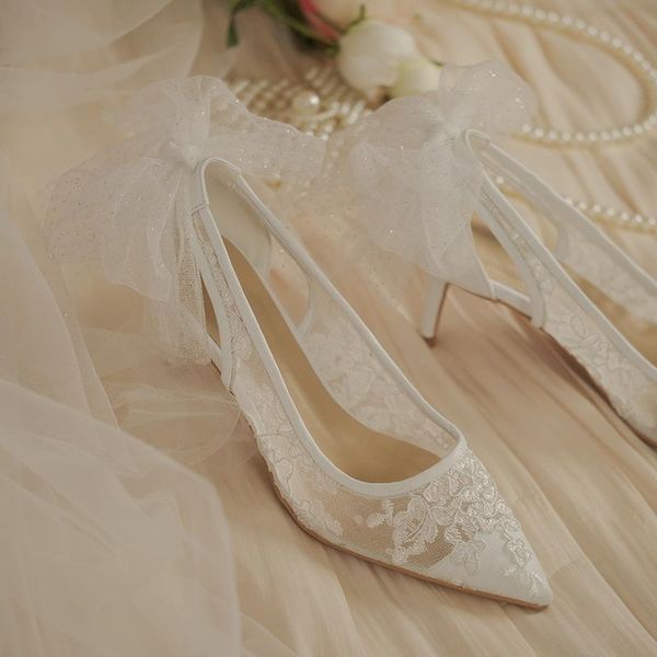 

summer pointed lace mesh yarn back bow stiletto high heel bridal wedding shoes fashion white party dress female sandals, Black