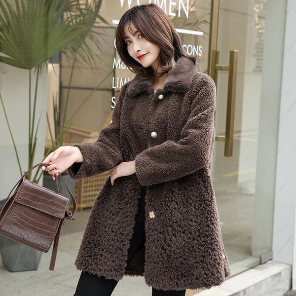

women's fur & faux winter real 100% sheep shearing jacket warm coats mink collar wool jackets korean style casaco feminino sqq962, Black