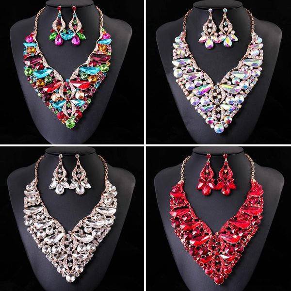 

earrings & necklace african women crystal set bridal wedding statement jewelry rhinestone collar bib party costume accessories, Silver
