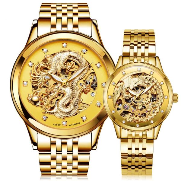 Principal de punho Aesop Gold Skeleton Wrist Watch Top Top Automático Mecânica Watch para os amantes Relógio Mulher Man Relogio Masculino