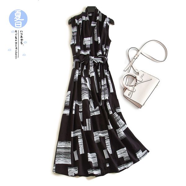 

dresses summer women chiffon dresses female sleeve printed belt v-neck midi vestidos fashion tank dress jc301, Black;gray