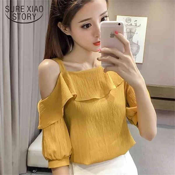 

spring fashion style solid women shirts short sleeved blouses ruffles casual clothing d546 30 210506, White
