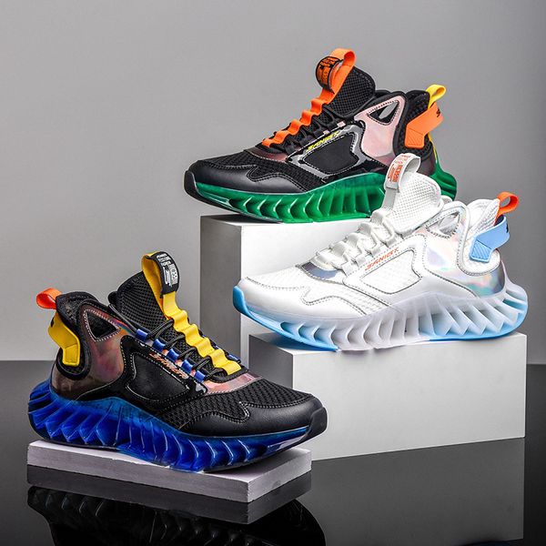 

mens sports shoes breathable flying woven leather combination running shoes anti-slip shock absorption men sneakers 46