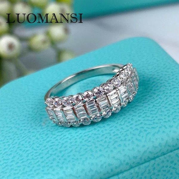 

luomansi s925 sterling silver luxury 3 row diamond ring sparkling high carbon wedding engagement women fine jewelry cluster rings, Golden;silver