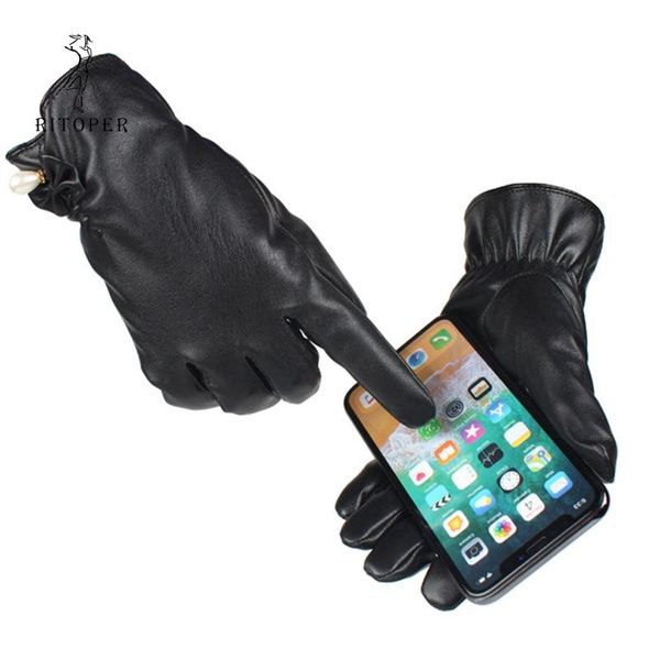 Fingerlose Handschuhe RITOPER Damen Leder Winter verdicken Samt Touchscreen Mode schwarz wasserdicht winddicht