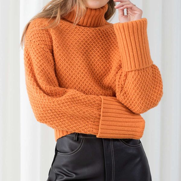 

high neck solid color sweater, White;black