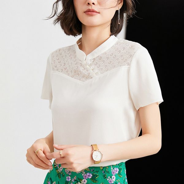 

women's t-shirt short sleeve lace stitching of mulberry silk women's blouse in summer cawa, White